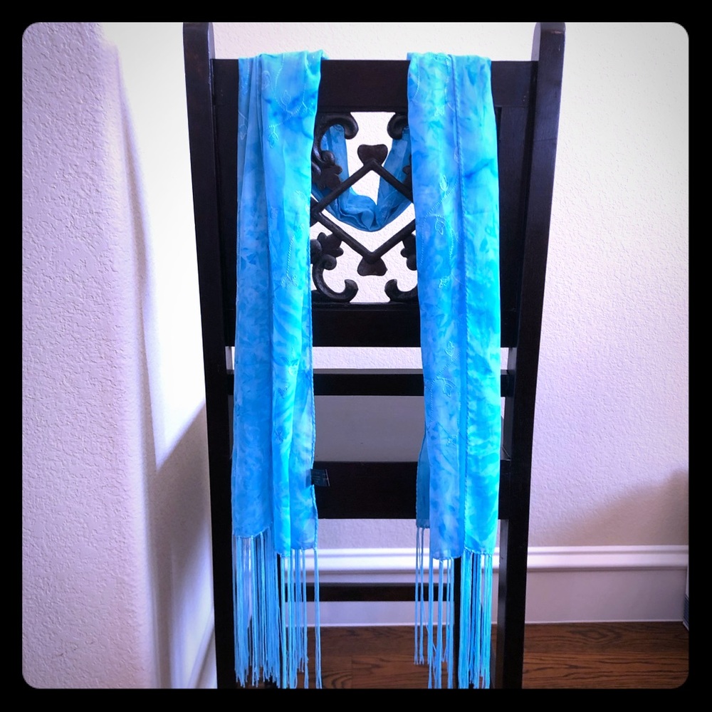 Aqua Light Blue Scarf Rose 100% Silk Made in Italy